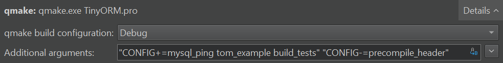 TinyORM - QtCreator - Build Settings - Additional arguments