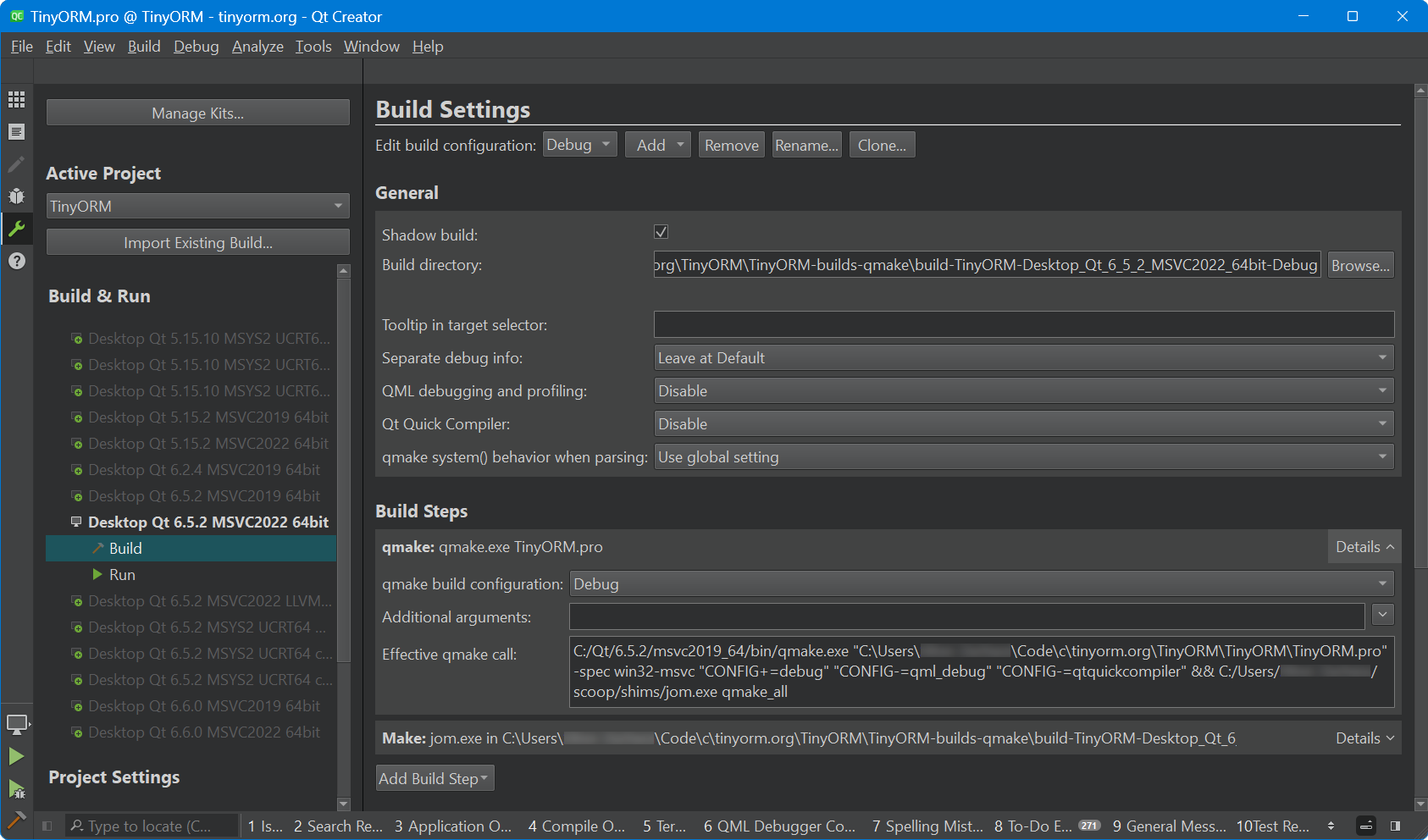 TinyORM - QtCreator - Build Settings