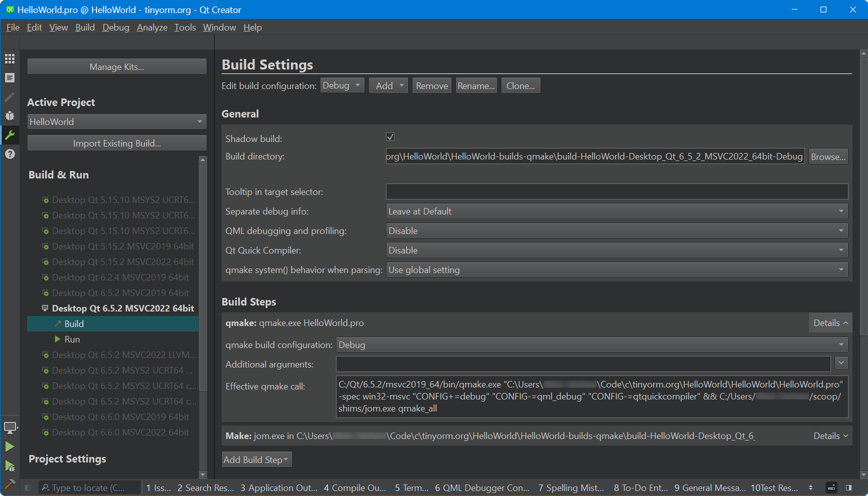 HelloWorld - QtCreator - Build Settings