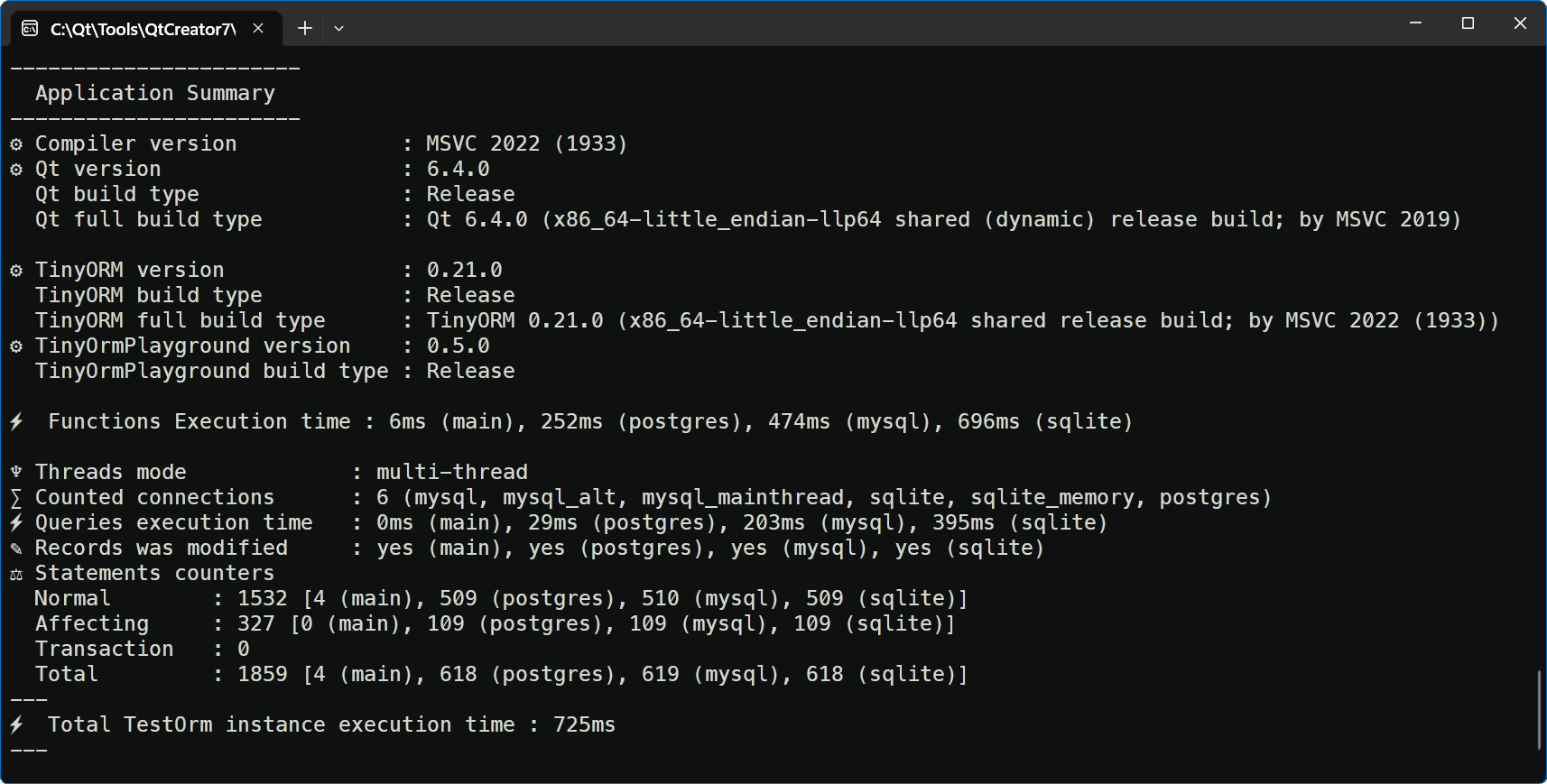 TinyORM - Invoked TinyOrmPlayground multi-threaded - Showcase