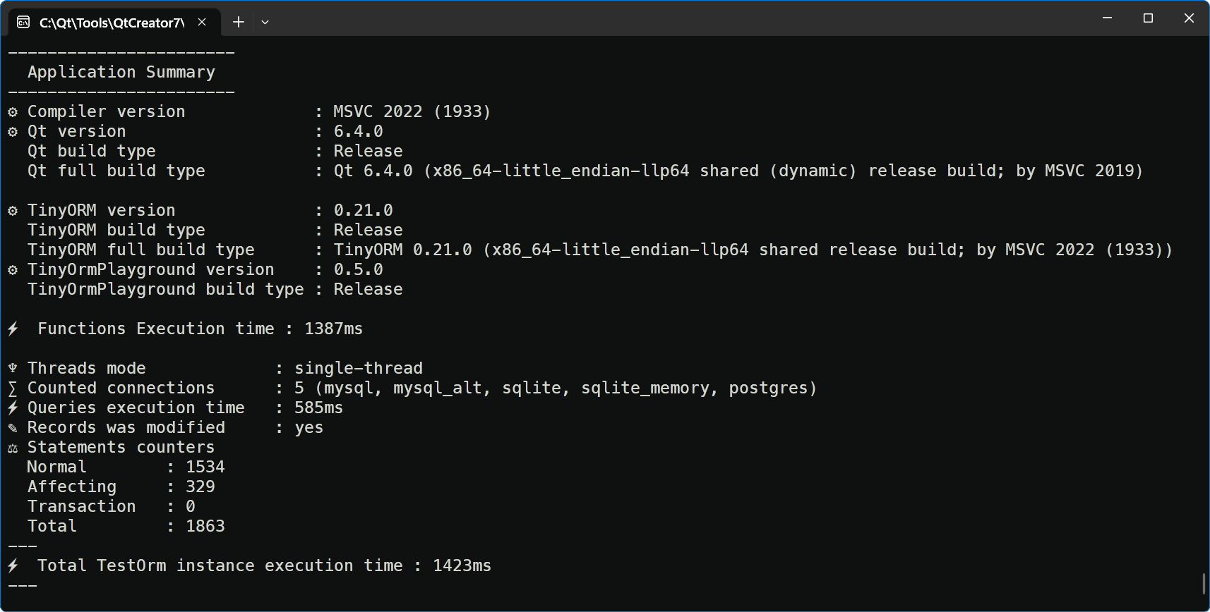 TinyORM - Invoked TinyOrmPlayground single-threaded - Showcase