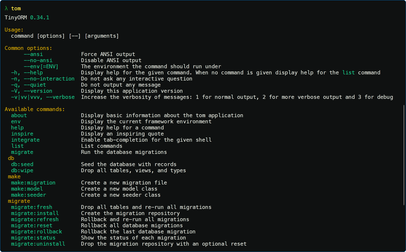 Tom console application TinyORM - Tom console application - Showcase